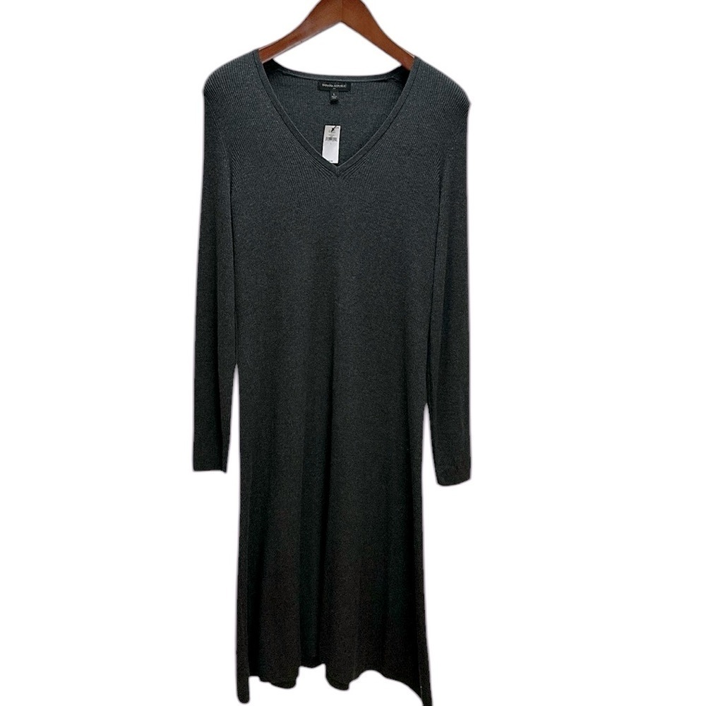 Banana Republic Gray V Neck Ribbed‎ Sweater Midi Dress L Minimalist Classic